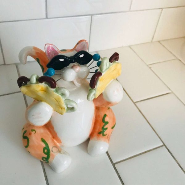 Whimsical Whimsiclay hand made Annaco Creations by Amy Lacombe Signed Fiesta Taco Orange with green swirls Party Cat holding tacos cat lover
