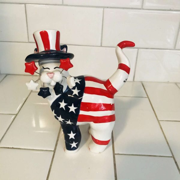 Whimsical Whimsiclay hand made Annaco Creations by Amy Lacombe Signed  Uncle Sam style red white blue star whiskers cat lover crazy cat lady