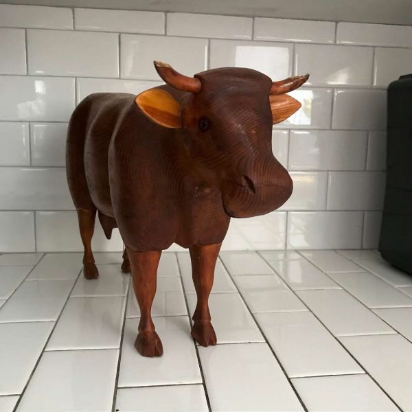 Wooden hand made cow figurine collectible farmhouse rustic primitive utters horns barn ranch country