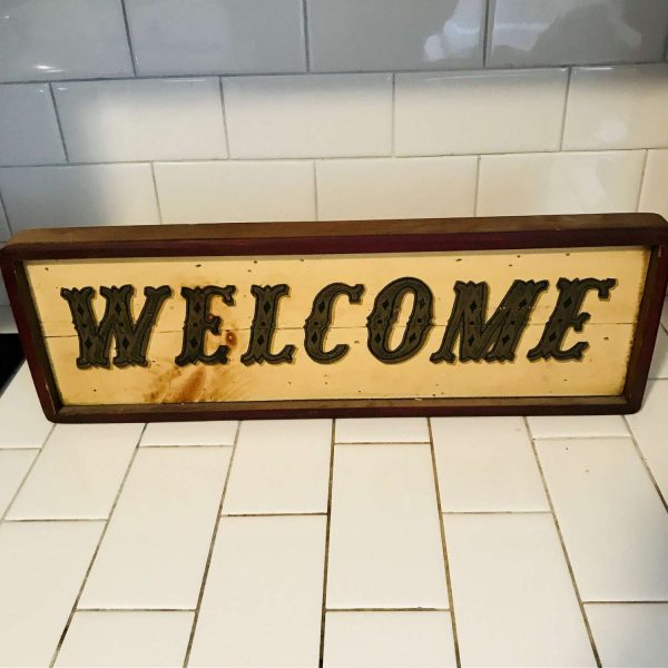 Wooden Welcome sign USA 1970's wall hanging sign Stars and stripes hand crafted wall decor