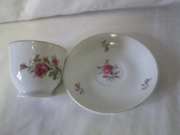 WWII Era Tea cup and saucer set demitasse Moss rose pattern fine china Japan farmhouse collectible serving cottage ice cream