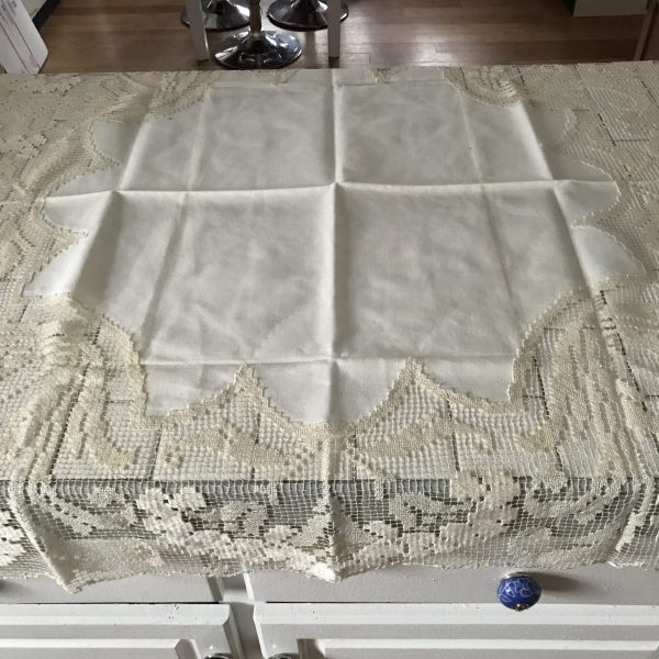 Antique Cotton and Ornate lace tablecloth with 4 napkins Ivory farmhouse display cottage 32" x 32"
