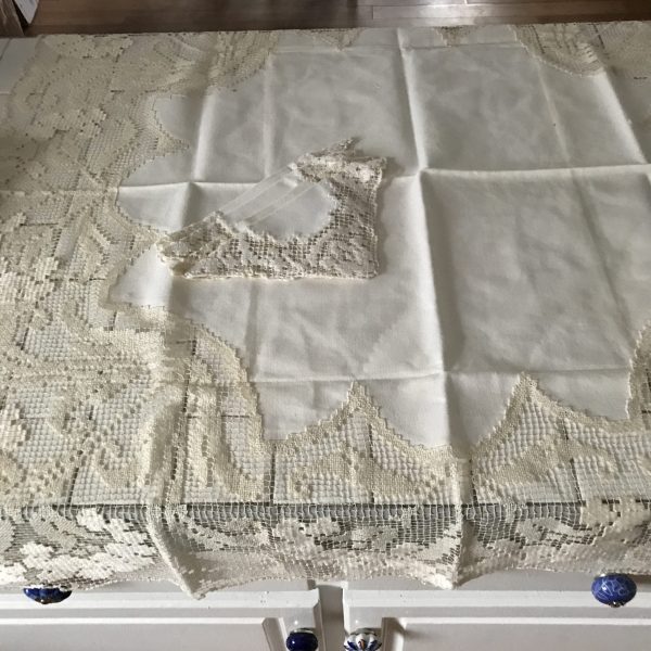 Antique Cotton and Ornate lace tablecloth with 4 napkins Ivory farmhouse display cottage 32" x 32"