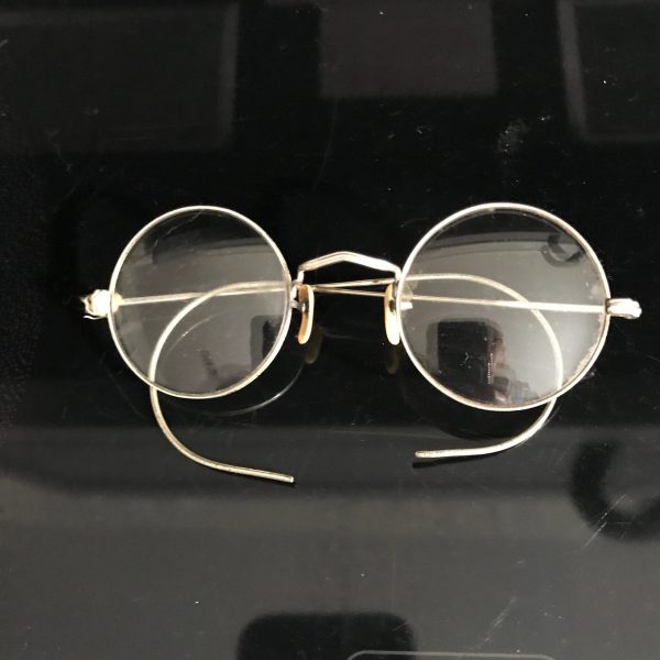 Antique eyeglasses silver wire rim collectible display farmhouse office eye glasses round fully rimmed in 1/20 10Kt