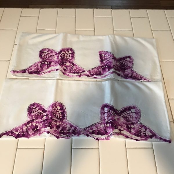 Beautiful Heavy Crochet Pillowcase pair Cotton with varigated Purple butterflies and trim collectible display bed and breakfast farmhouse