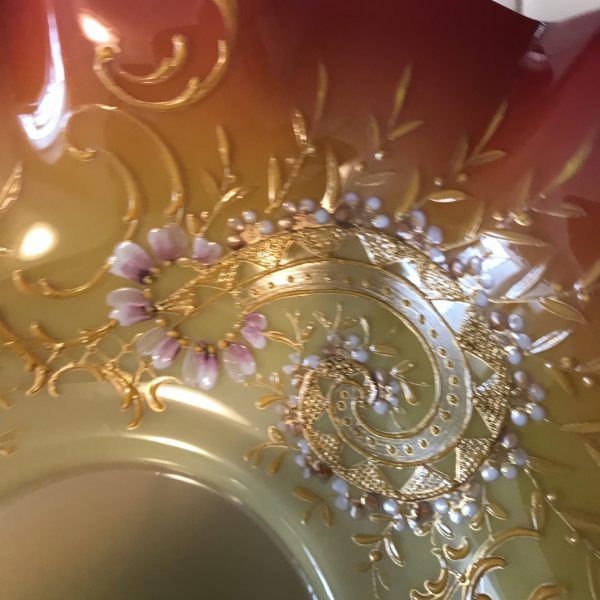 Beautiful Vintage blown Glass 1800's Brides bowl polished pontil red & yellow heavy gold blue pink white trim wedding display collectible