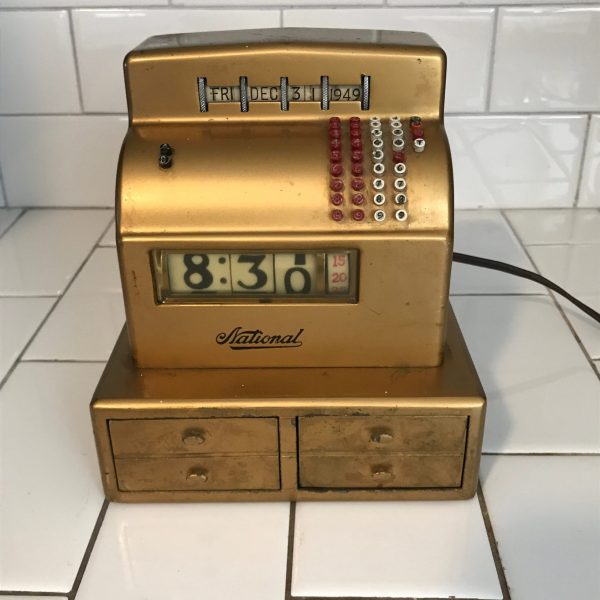 Fantastic National Cash Register Award Clock 1938-1949 great working condition gold finish metal 2 felt lined drawers original condition