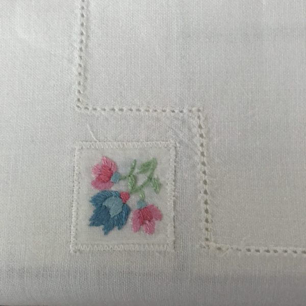Tablecloth Vintage Retro Cotton Kitchen card table 100% cotton with embroidery at each corner pink and blue flowers collectible 30" x 32"