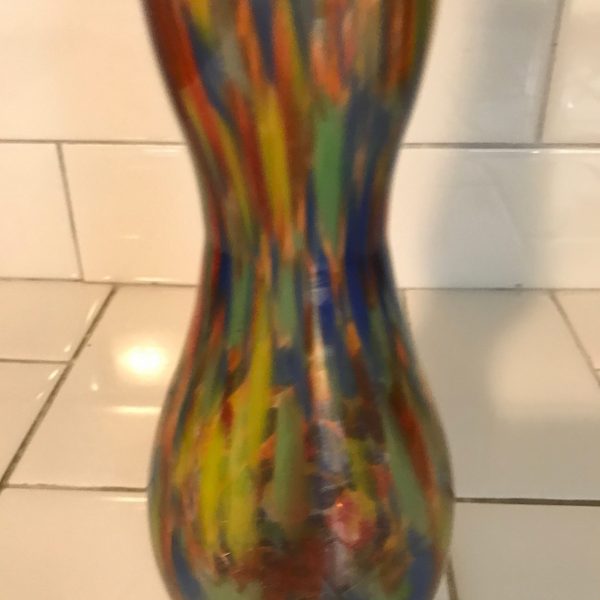 Vintage 13" End of Day Double Gourd vase multi-colored slag style glass polished pontil red green yellow blue farmhouse cottage collectible
