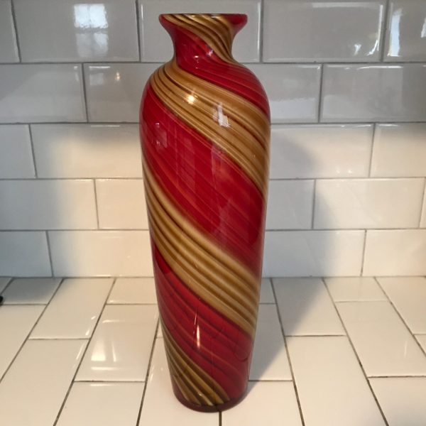 Vintage 14" Murano Salviati Toso Filigrana Red & Tan Swirl vase Collectible decor display living room dining room bridal gift Italy