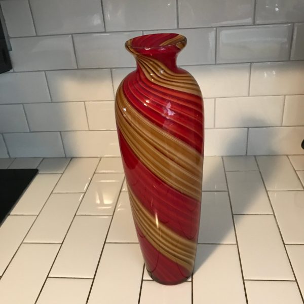 Vintage 14" Murano Salviati Toso Filigrana Red & Tan Swirl vase Collectible decor display living room dining room bridal gift Italy