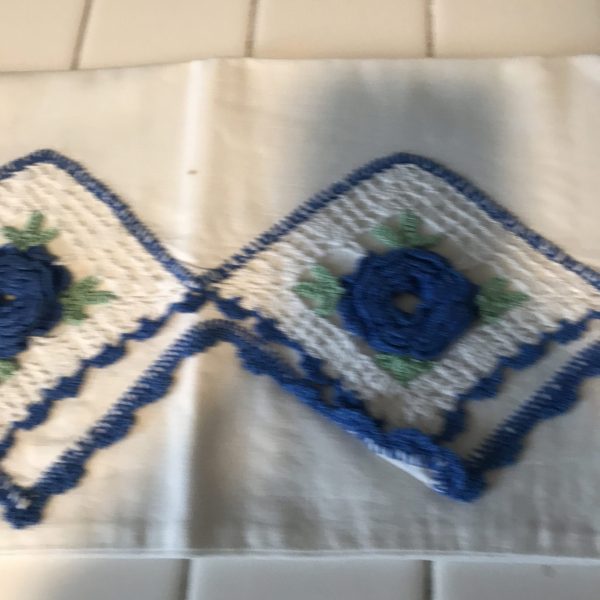 Vintage Crochet Pillowcase Single Detailed blue and green crochet work with blue flowers farmhouse cottage bed and breakfast cotton