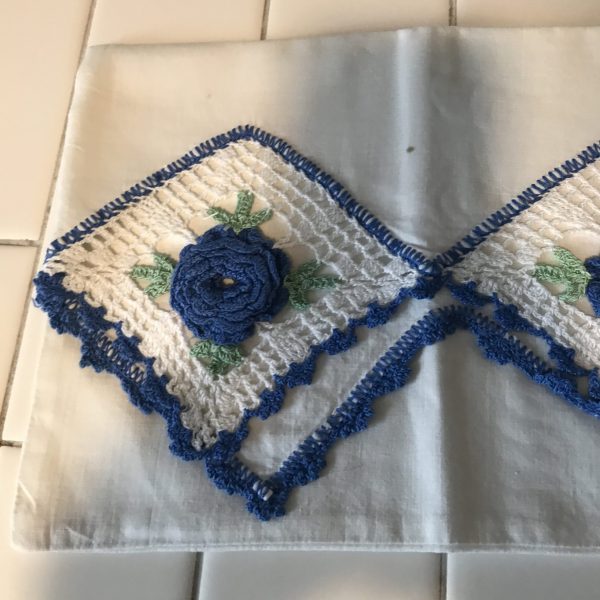 Vintage Crochet Pillowcase Single Detailed blue and green crochet work with blue flowers farmhouse cottage bed and breakfast cotton