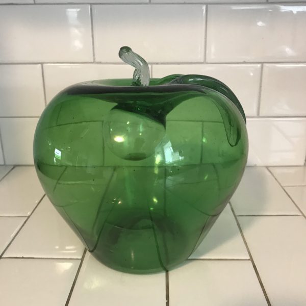 Vintage Large Blown glass Green apple with stem leaf and bubble inside top unique home decor farmhouse display collectible