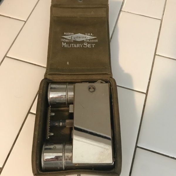 Vintage Military Shaving kit green canvas snapping case Germany Blades Gilette razor chrome mirror talc containers shave brush collectible