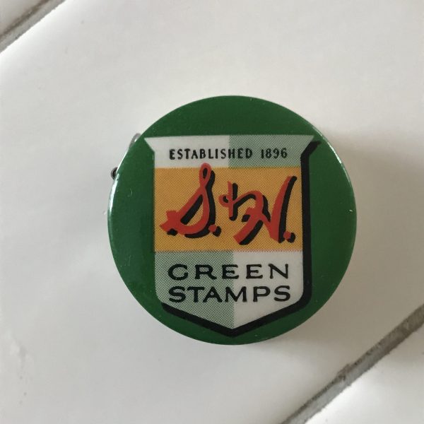 Vintage Sewing Notions 1950's Advertising S & H Green Stamps collectible display metal with yellow cloth measurer MINT condition round