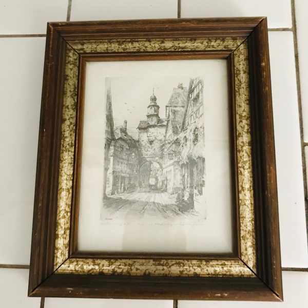 Vintage wall decor miniature black and white etching of cityscape ornate drawing framed farmhouse collectible display bread and breakfast