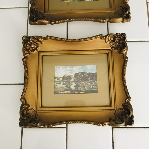 Vintage wall decor miniature Pair Haywain-Constable & Wivenhoe Park-Essex ornate gold frames farmhouse collectible display