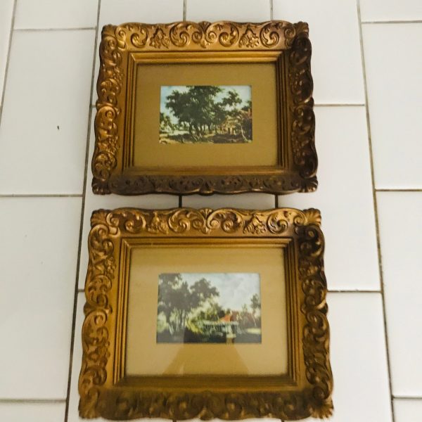 Vintage wall decor miniature Pair Haywain-Constable & Wivenhoe Park-Essex ornate gold frames farmhouse collectible display