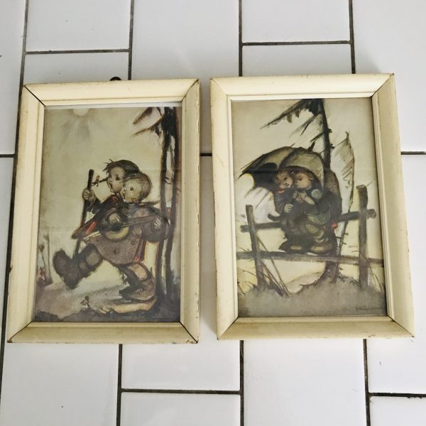 Vintage wall decor miniature Pair of Hummel prints ivory frames farmhouse collectible display bed and breakfast