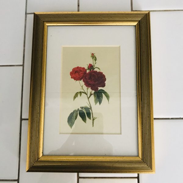 Vintage wall decor miniature roses red with a very light pink matting gold frame farmhouse collectible display bread and breakfast