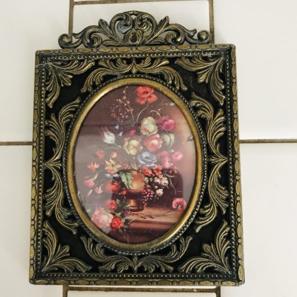 Vintage wall decor miniature still life floral print ornate gold metal frame made in Italy farmhouse collectible display bed and breakfast