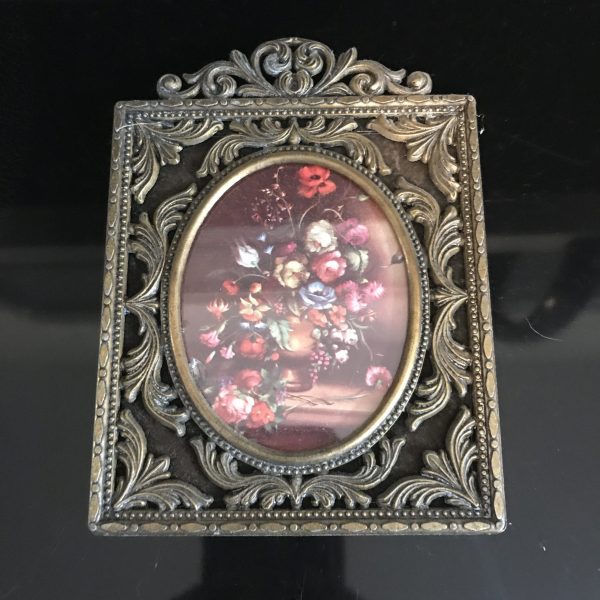 Vintage wall decor miniature still life floral print ornate gold metal frame made in Italy farmhouse collectible display bed and breakfast