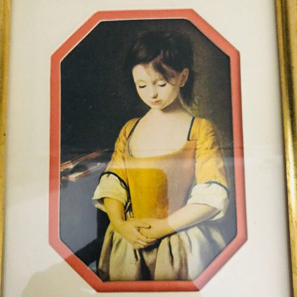 Vintage wall decor miniature Young Girl golden dress French school girl La Penitente gold wooden frame farmhouse collectible display