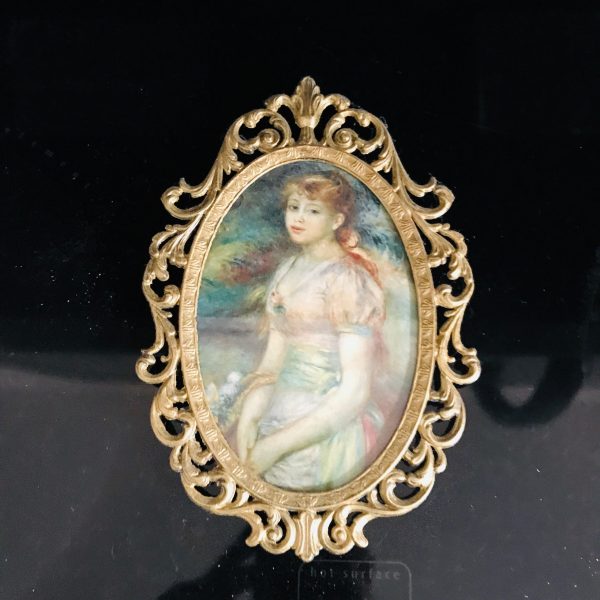 Vintage wall decor miniature Young Girl made in Italy  gold metal scroll frame farmhouse collectible display