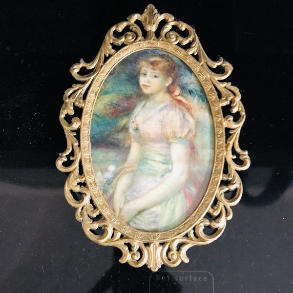 Vintage wall decor miniature Young Girl made in Italy  gold metal scroll frame farmhouse collectible display