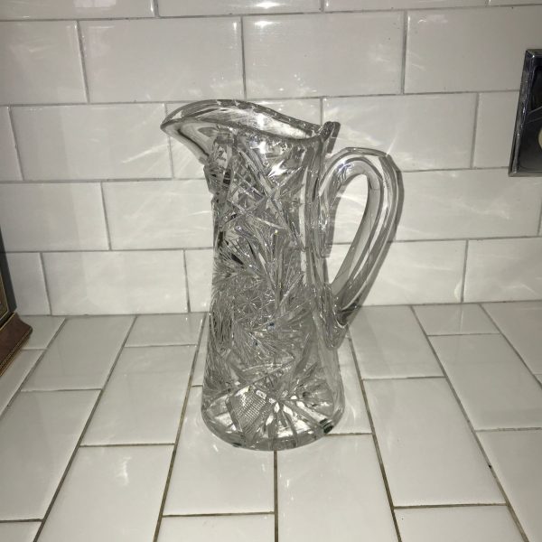 Antique American Brilliant Cut glass pitcher Beautiful large cut rim and handle Mint condition 9 3/4" tall collectible display elegant