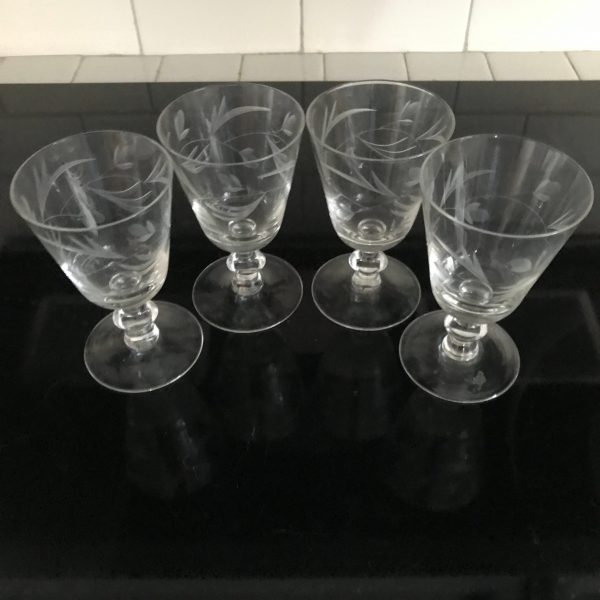 Antique etched crystal goblets wine water short stem collectible set of 4 farmhouse display cottage elegant dining