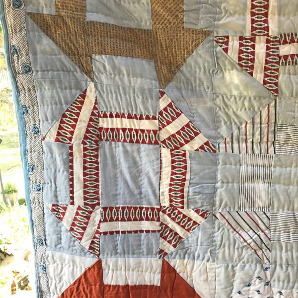 Antique Quilt Hand stitched hand made Gray blue Aqua orange rust red and light blue hand made 1930's farmhouse display collectible decor