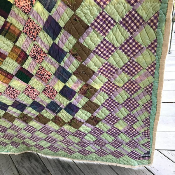 Antique Quilt Hand stitched hand made multi-colored hand made 1930's farmhouse display collectible decor squares pattern muslin backing