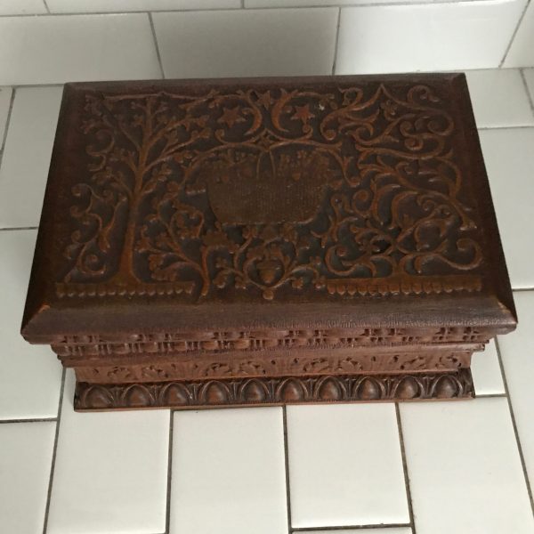 Beautiful Hand carved Chestnut ornately detailed box with hinged lid stunning design and detail storage jewelry farmhouse