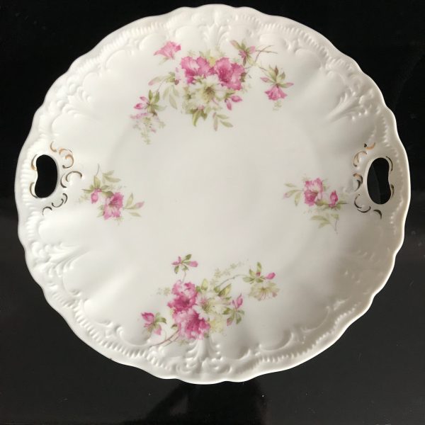 Beautiful pink floral serving plate with a double handle made in German Welmar Farmhouse Collectible  Cottage Wedding Bridal Shower