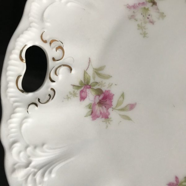 Beautiful pink floral serving plate with a double handle made in German Welmar Farmhouse Collectible  Cottage Wedding Bridal Shower