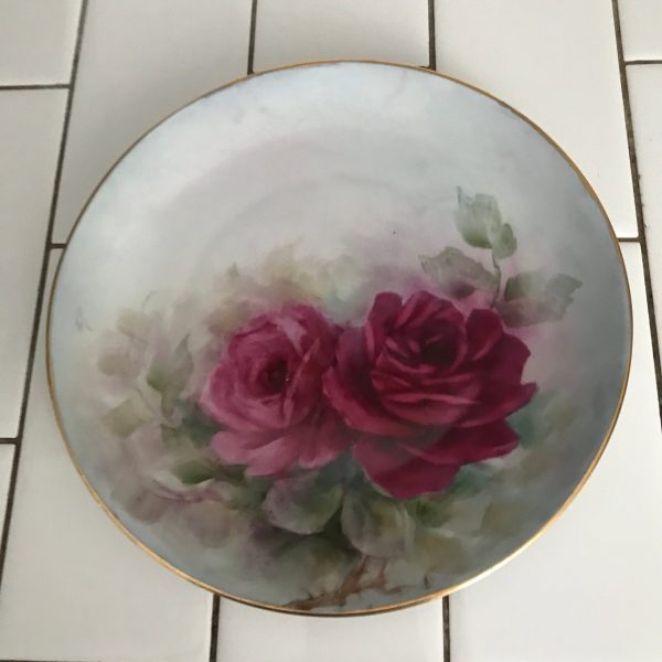 Georgous Hand Painted Plate Germany Dark Burgundy roses Hutchenreuther Selb Bavaria Farmhouse Collectible  Cottage Wedding Bridal Shower