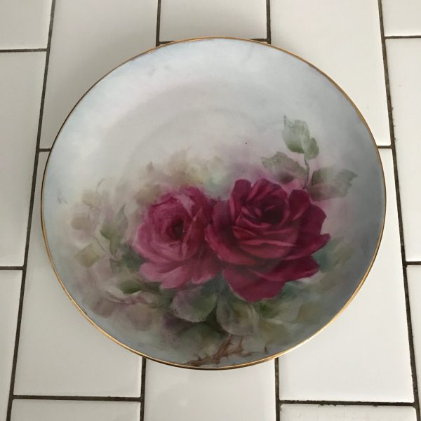 Georgous Hand Painted Plate Germany Dark Burgundy roses Hutchenreuther Selb Bavaria Farmhouse Collectible  Cottage Wedding Bridal Shower