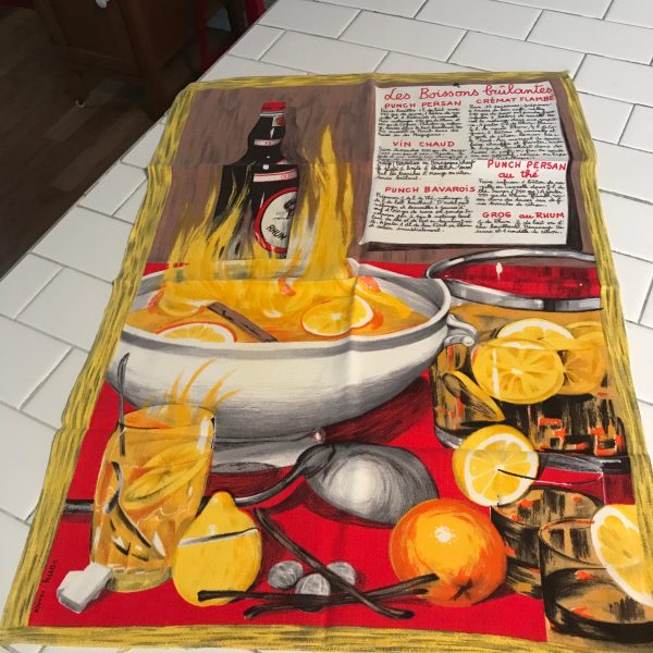 Mid Century Colorful Kitchen towel 17"x 26"  Vivid Colors Creation Vony France Les Boissons frulantes Lemons & rum collectible