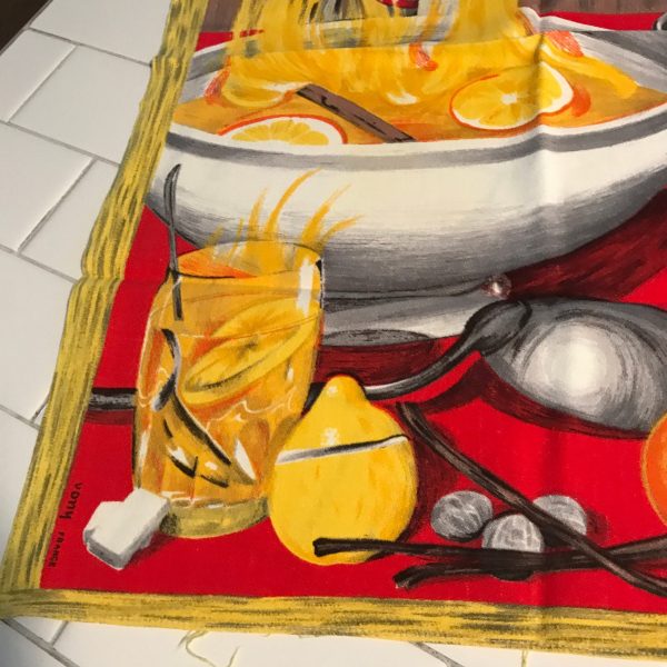 Mid Century Colorful Kitchen towel 17"x 26"  Vivid Colors Creation Vony France Les Boissons frulantes Lemons & rum collectible