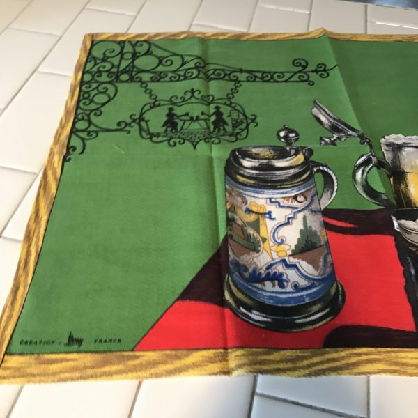 Mid Century Colorful Kitchen towel 18"x 26"  Vivid Colors Creation Vony France Beer Steins great detail mod collectible