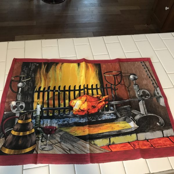 Mid Century Colorful Kitchen towel 18"x 26"  Vivid Colors Creation Vony France Roasting Chicken on Fire mod collectible