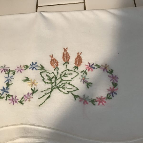 Pillowcase Pair Vintage cotton heavy embroidery floral  yellow pink purple blue green Standard Size hand embroidered scalloped  farmhouse