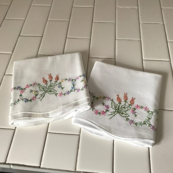 Pillowcase Pair Vintage cotton heavy embroidery floral  yellow pink purple blue green Standard Size hand embroidered scalloped  farmhouse