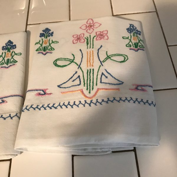 Pillowcase Pair Vintage Heavy muslin feed sack fabric Standard Size art deco floral embroidery pink blue green yellow detailed farmhouse