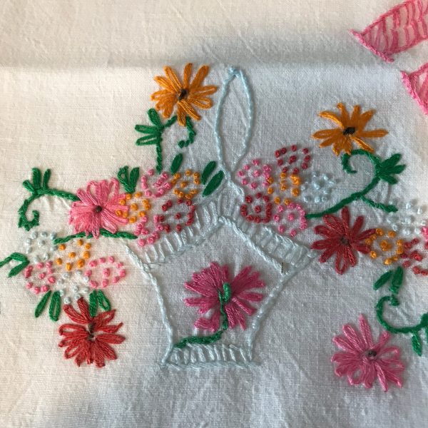Pillowcase Pair Vintage no iron percale flower basket His and Hers Standard Size hand embroidered farmhouse bed and breakfast cottage