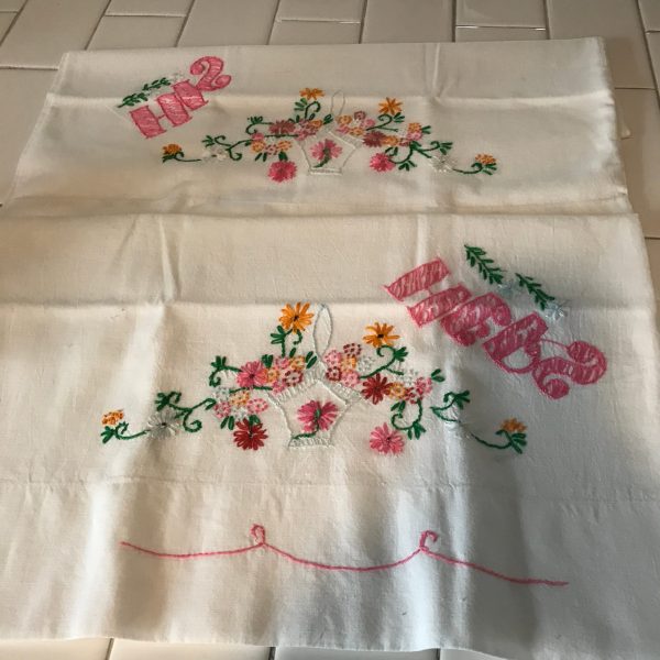 Pillowcase Pair Vintage no iron percale flower basket His and Hers Standard Size hand embroidered farmhouse bed and breakfast cottage