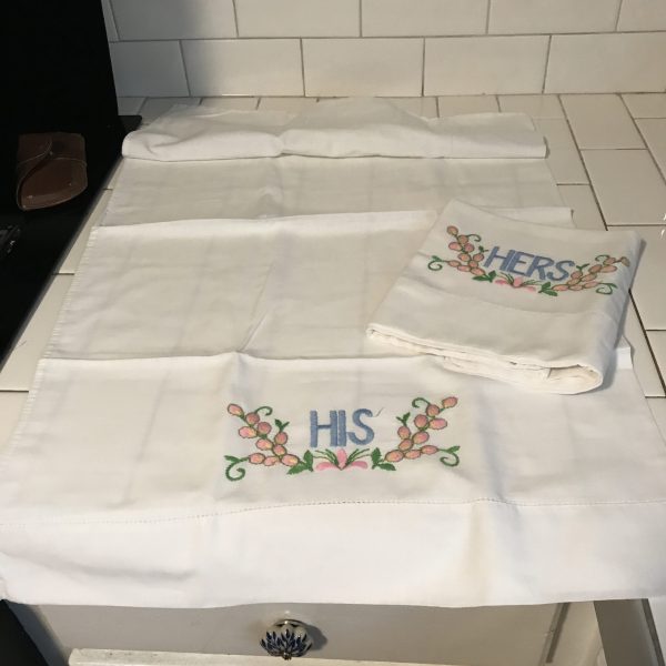 Pillowcase Pair Vintage no iron percale His and Hers Pink blue green yellow Standard Size hand embroidered farmhouse bed and breakfast