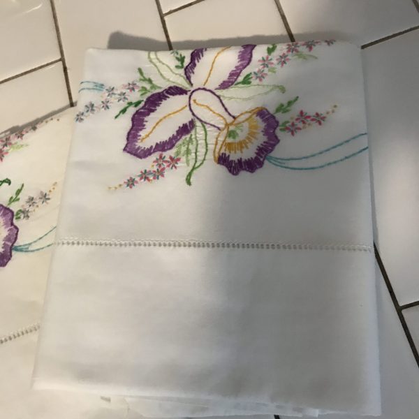 Pillowcase Pair Vintage no iron percale purple Iris with great detail Standard Size hand embroidered aqua yellow green pink pink farmhouse